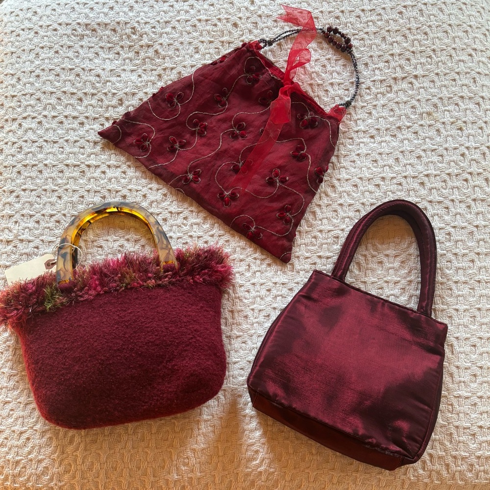 3 burgundy handmade purses,small,see measurements below.